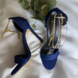 Elegant Blue Denim Stiletto Heels with Gold Chain